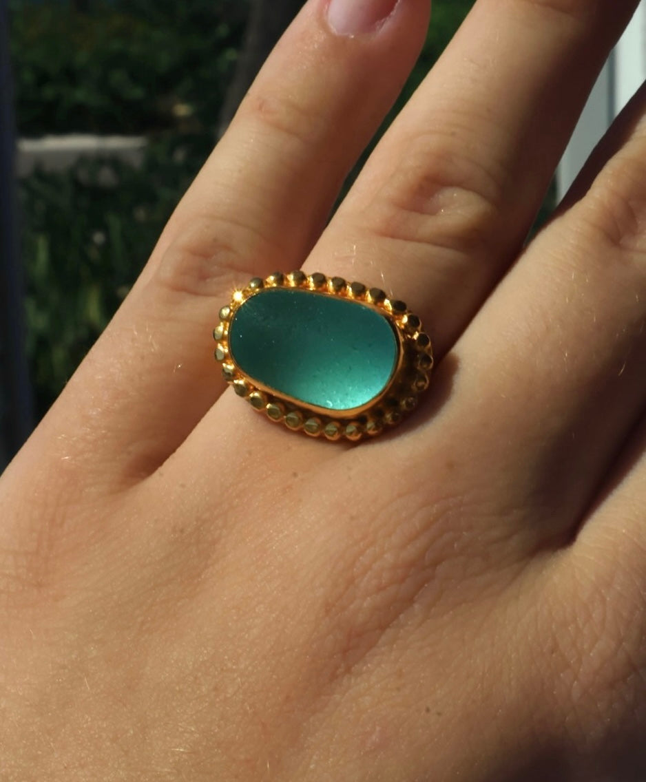 Turquoise Sea Glass in Gold Vermeil Ring