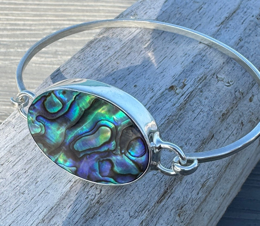 Abalone shell bangle bracelet – sterling silver hinged ocean-inspired jewelry with blue, purple, and green swirls
