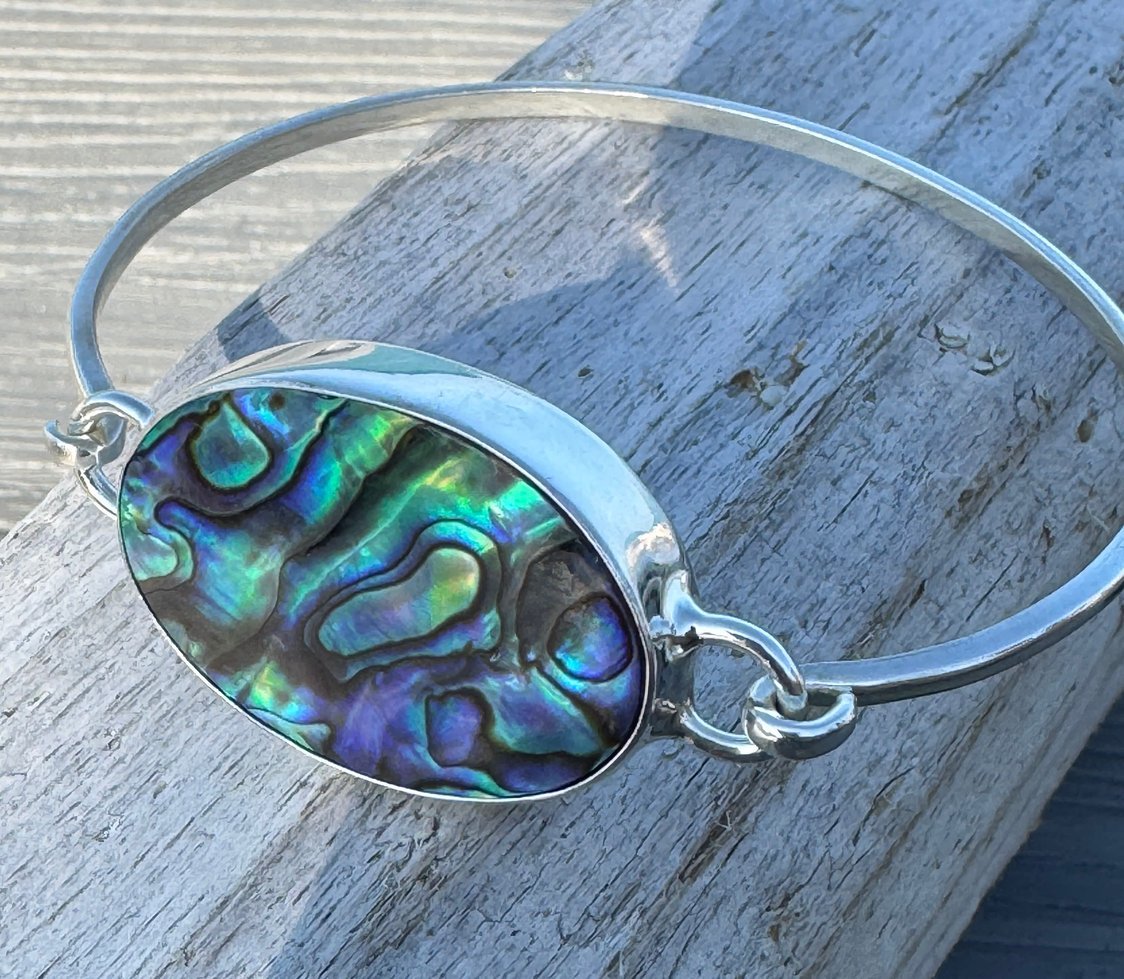 Abalone shell bangle bracelet – sterling silver hinged ocean-inspired jewelry with blue, purple, and green swirls