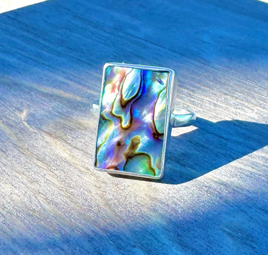 Abalone shell rectangle ring – size 9.75 sterling silver artisan jewelry with colorful shell