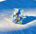 Abalone shell rectangle ring – size 9.75 sterling silver artisan jewelry with colorful shell