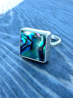 Abalone square ring – size 9.25 artisan jewelry with blue, green, and purple shell swirls