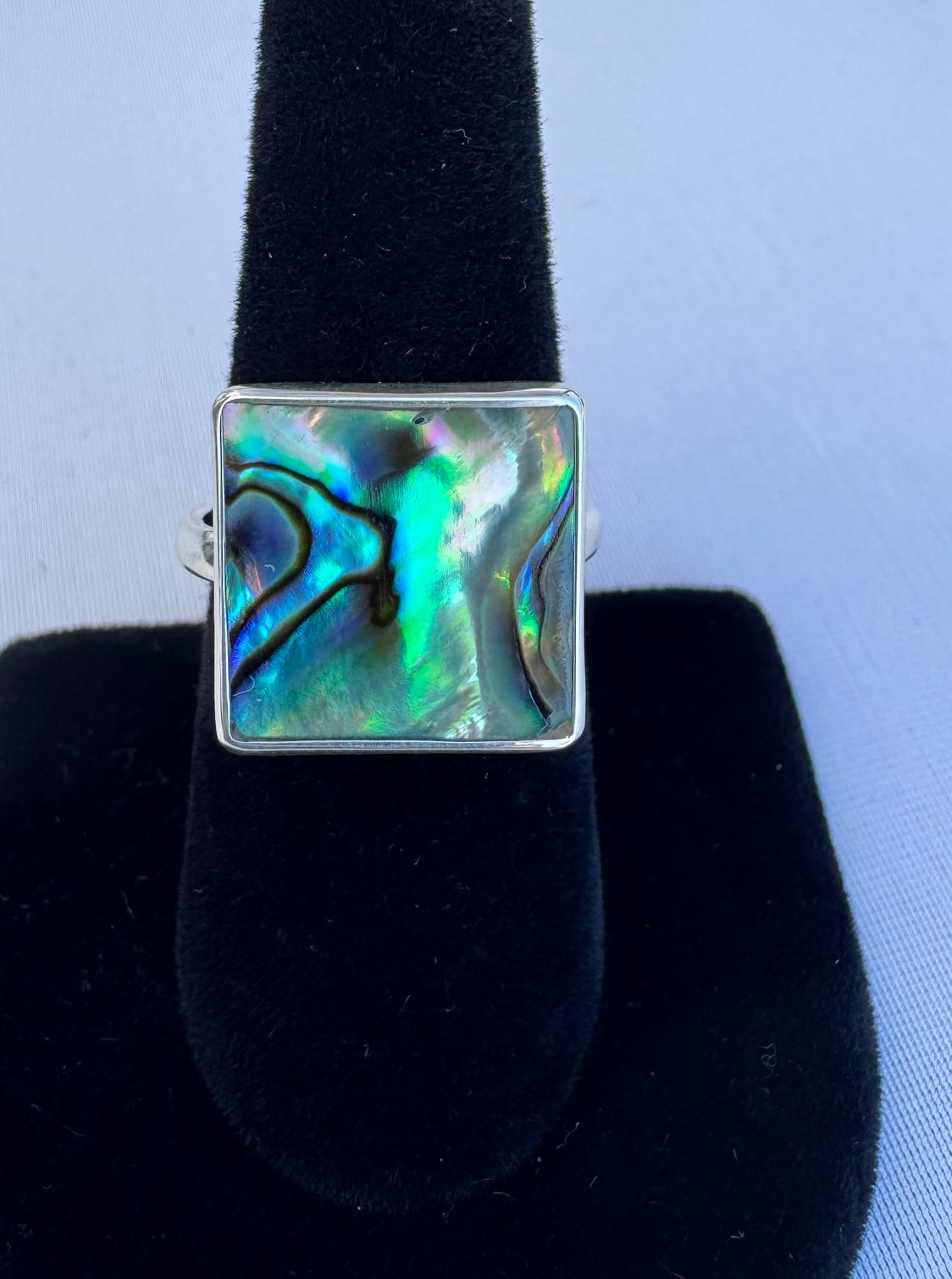 Abalone square ring – size 9.25 artisan jewelry with blue, green, and purple shell swirls