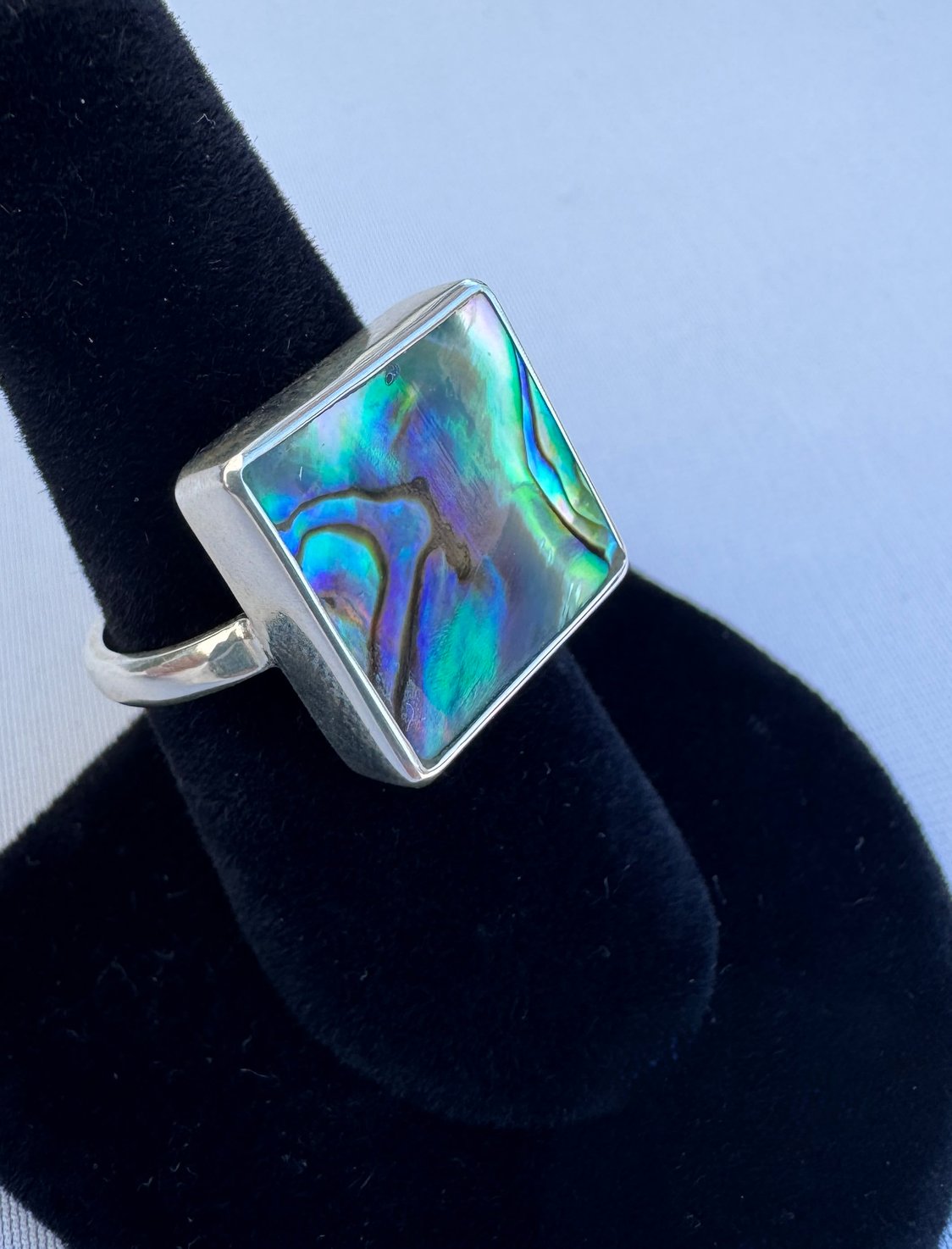 Abalone square ring – size 9.25 artisan jewelry with blue, green, and purple shell swirls