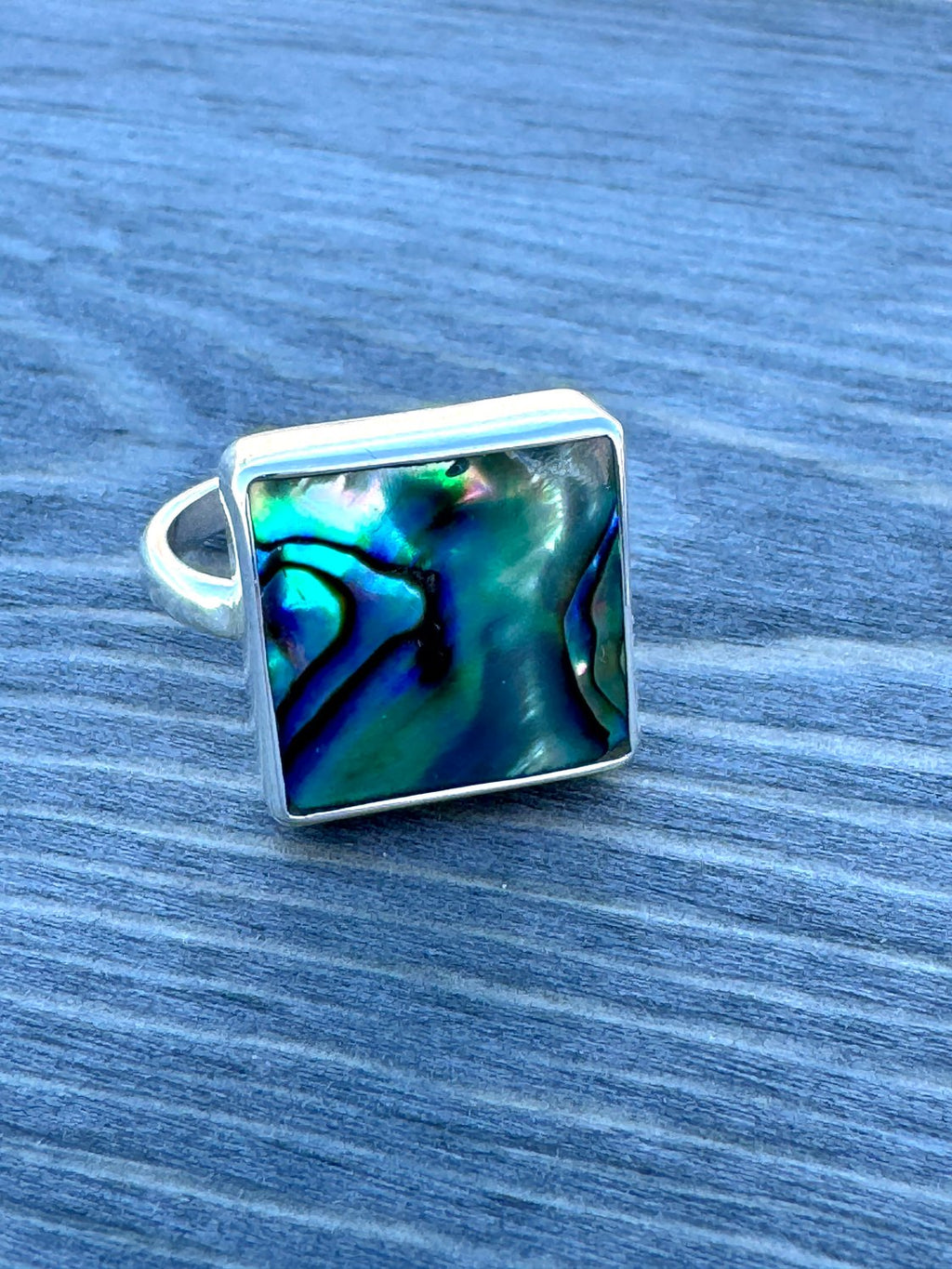 Abalone square ring – size 9.25 artisan jewelry with blue, green, and purple shell swirls
