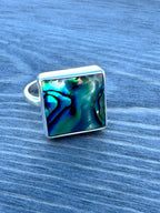 Abalone square ring – size 9.25 artisan jewelry with blue, green, and purple shell swirls