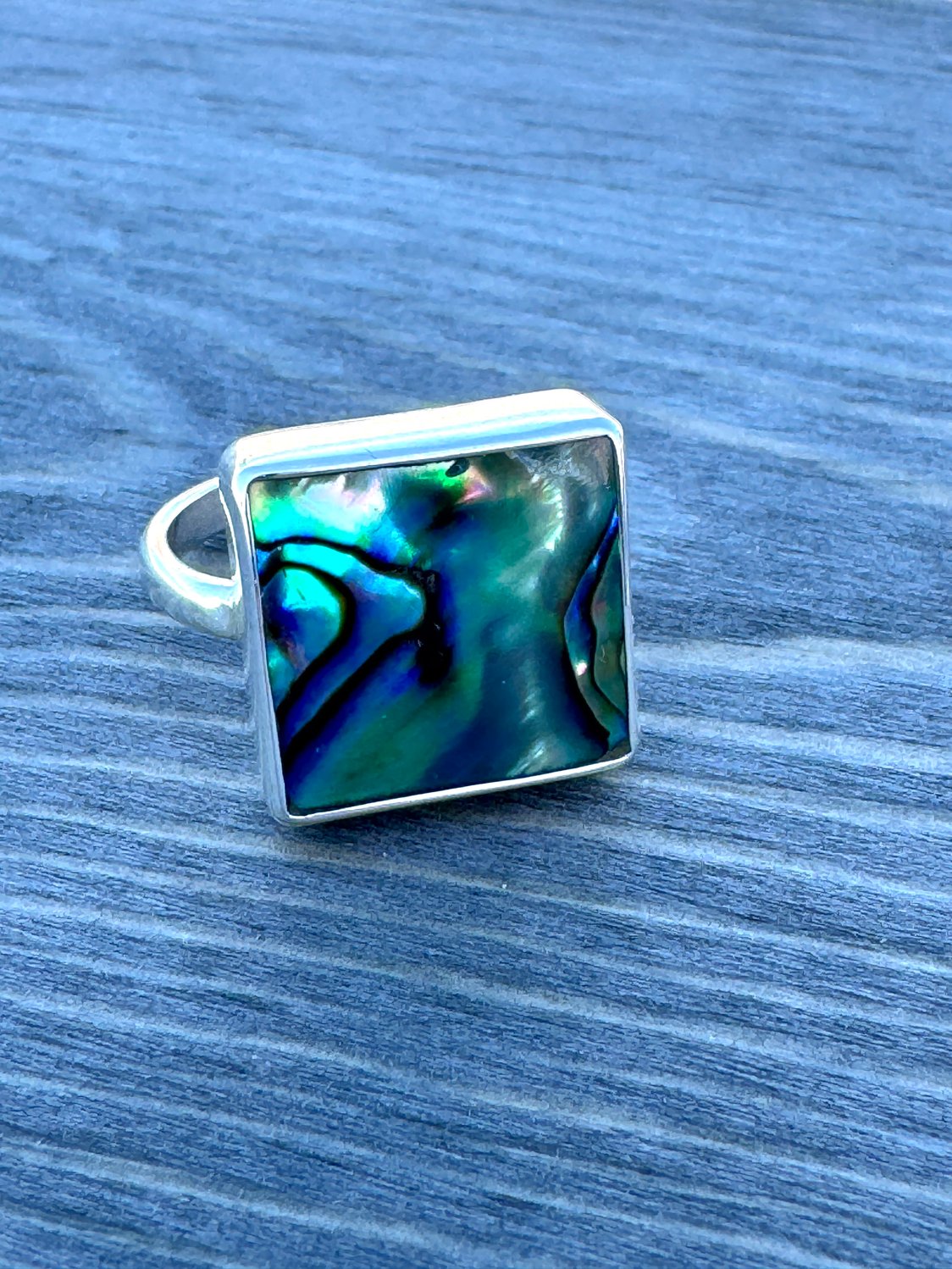 Abalone square ring – size 9.25 artisan jewelry with blue, green, and purple shell swirls