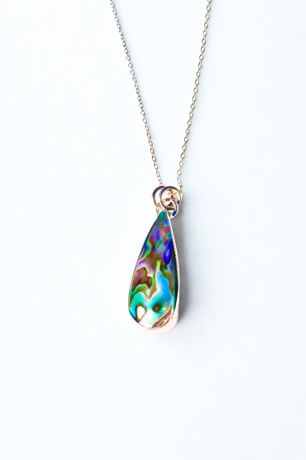 Abalone shell statement pendant – sterling silver, vibrant purple blue green colors, 18-inch chain