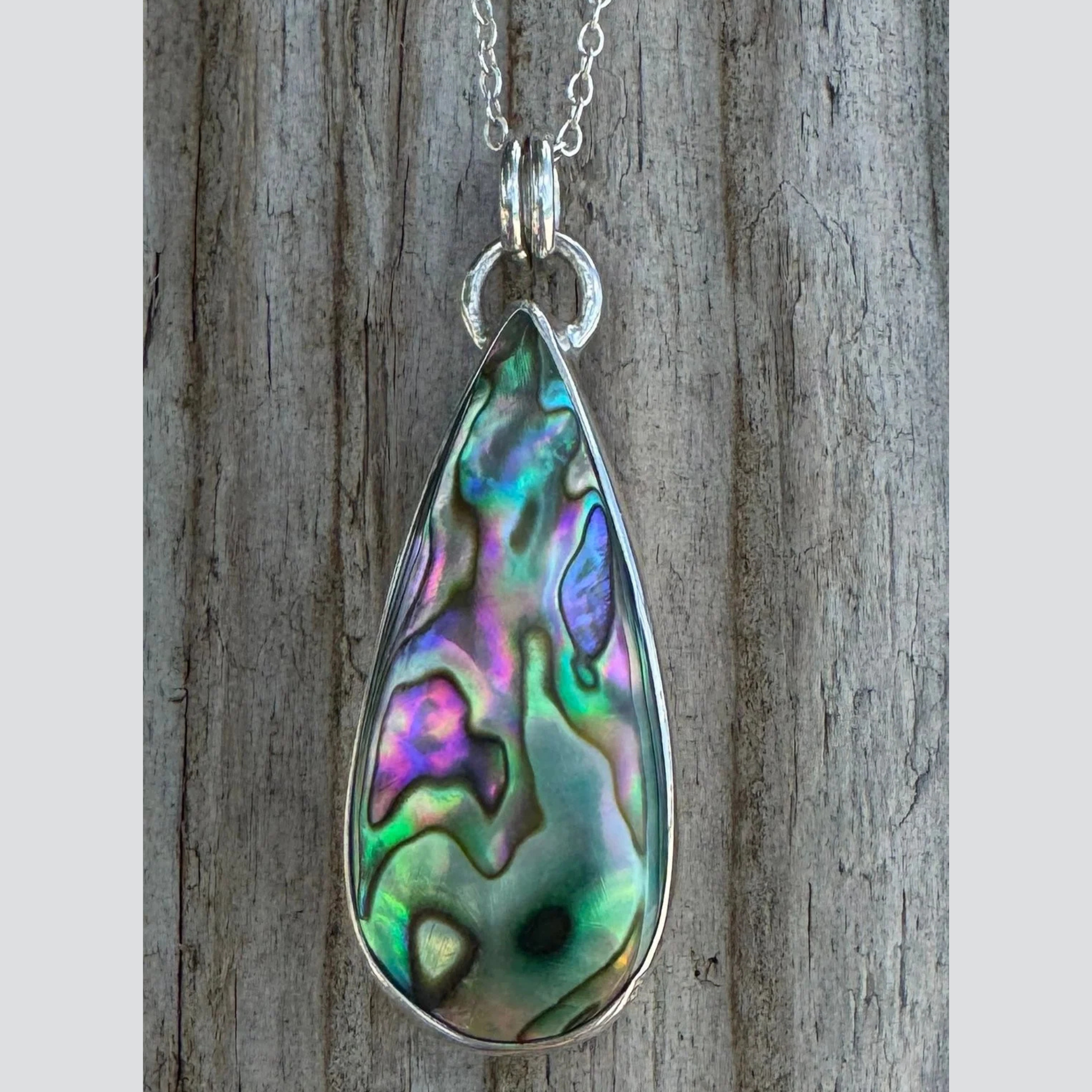 Abalone shell statement pendant – sterling silver, vibrant purple blue green colors, 18-inch chain