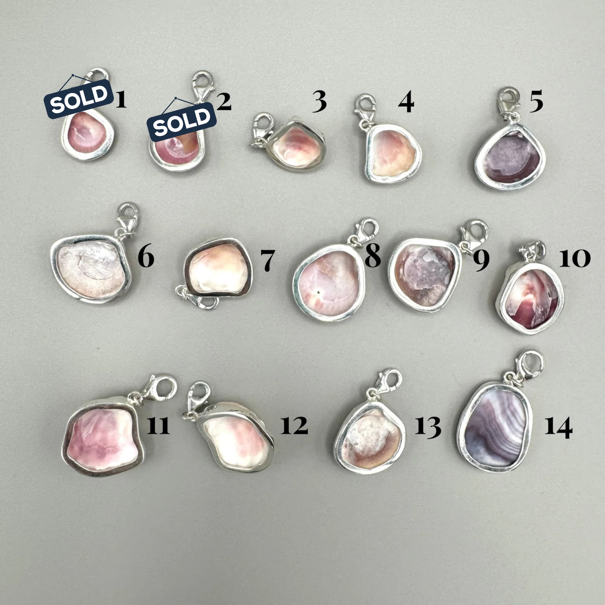 Sterling silver-wrapped natural shell charms from southwest Florida, 0.5–0.75 inches, perfect for bracelets or anklets.