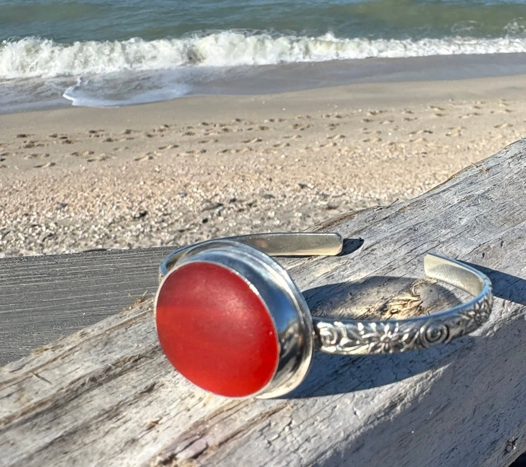 Amberina sea glass cuff bracelet – sterling silver adjustable jewelry with glowing red-orange glass from Spain