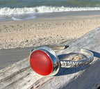 Amberina sea glass cuff bracelet – sterling silver adjustable jewelry with glowing red-orange glass from Spain