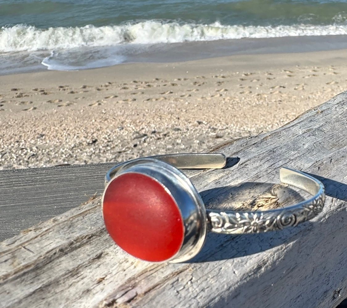 Amberina sea glass cuff bracelet – sterling silver adjustable jewelry with glowing red-orange glass from Spain