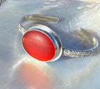 Amberina sea glass cuff bracelet – sterling silver adjustable jewelry with glowing red-orange glass from Spain