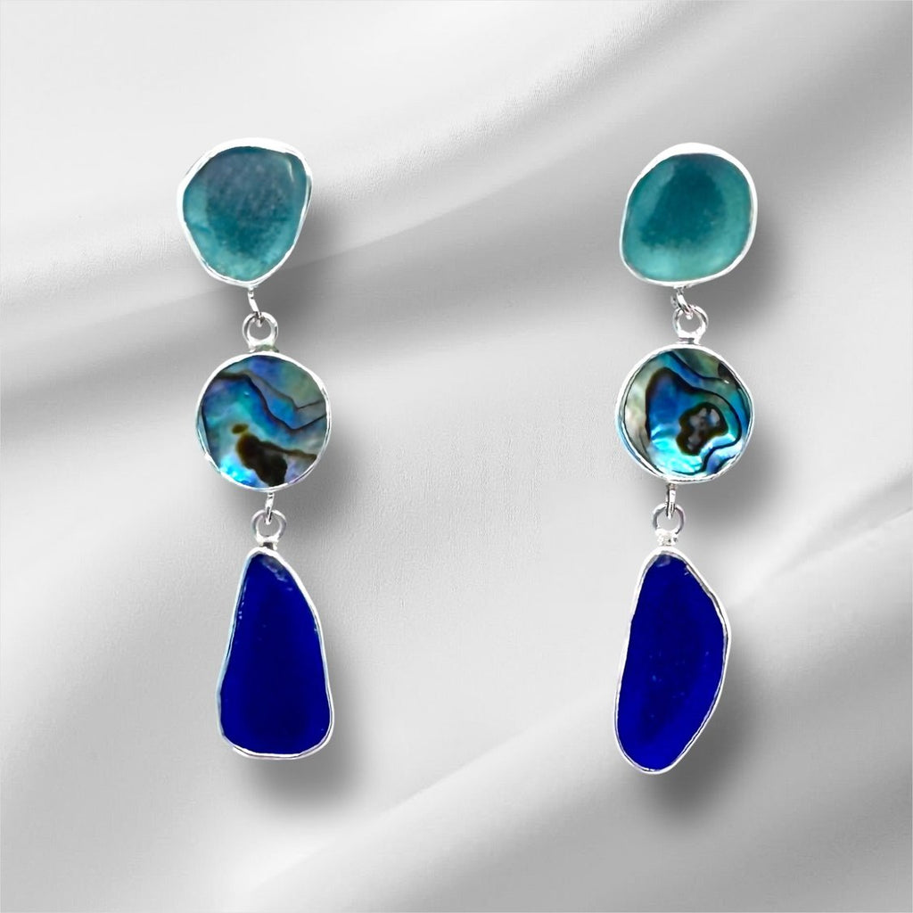 Aqua and cobalt blue sea glass and abalone shell earrings framed in fine and sterling silver