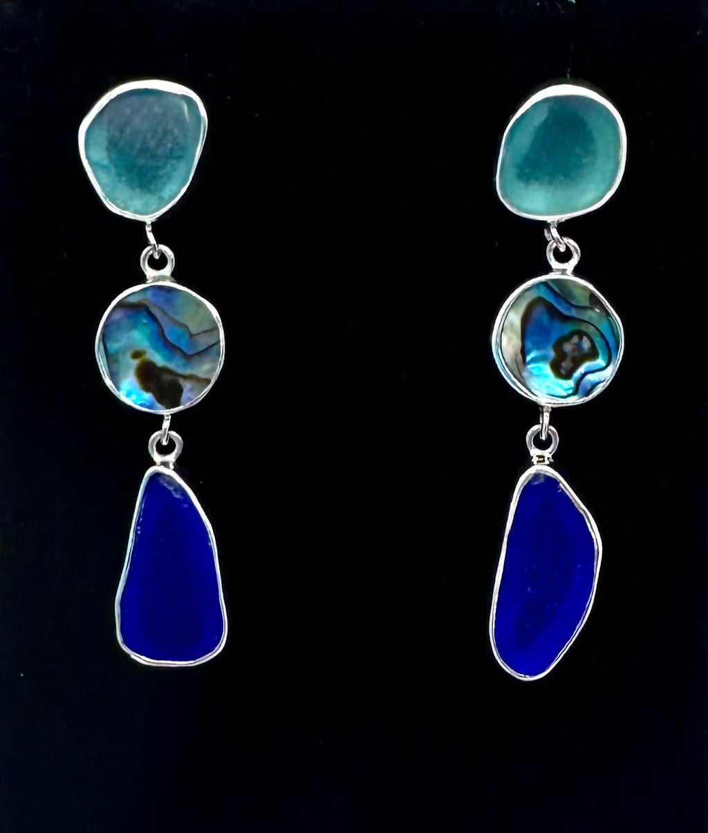 Aqua and cobalt blue sea glass and abalone shell earrings framed in fine and sterling silver