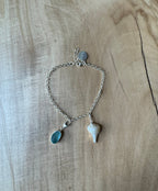 Aquamarine blue sea glass & white mini Whelk shell anklet – sterling silver