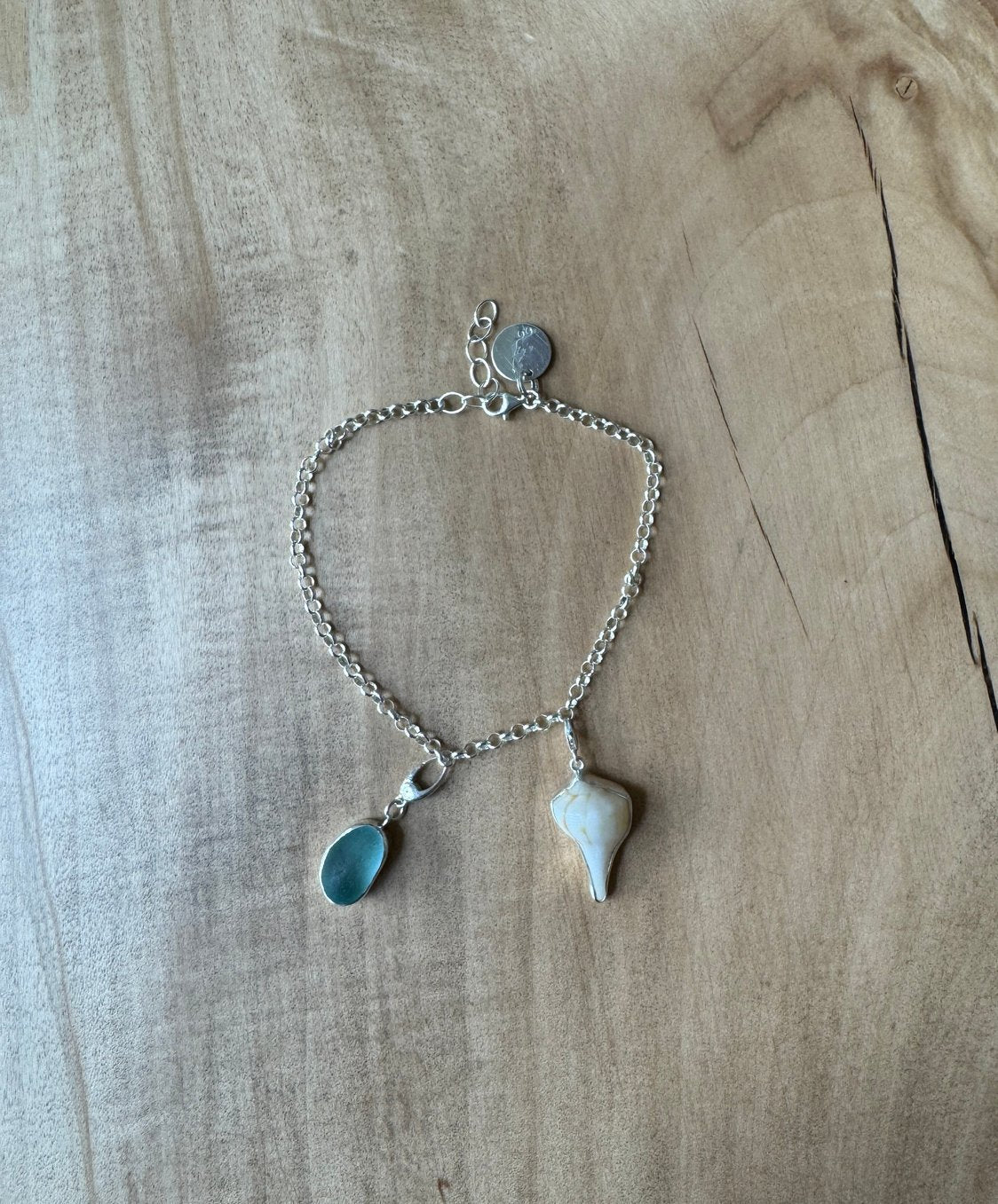 Aquamarine blue sea glass & white mini Whelk shell anklet – sterling silver