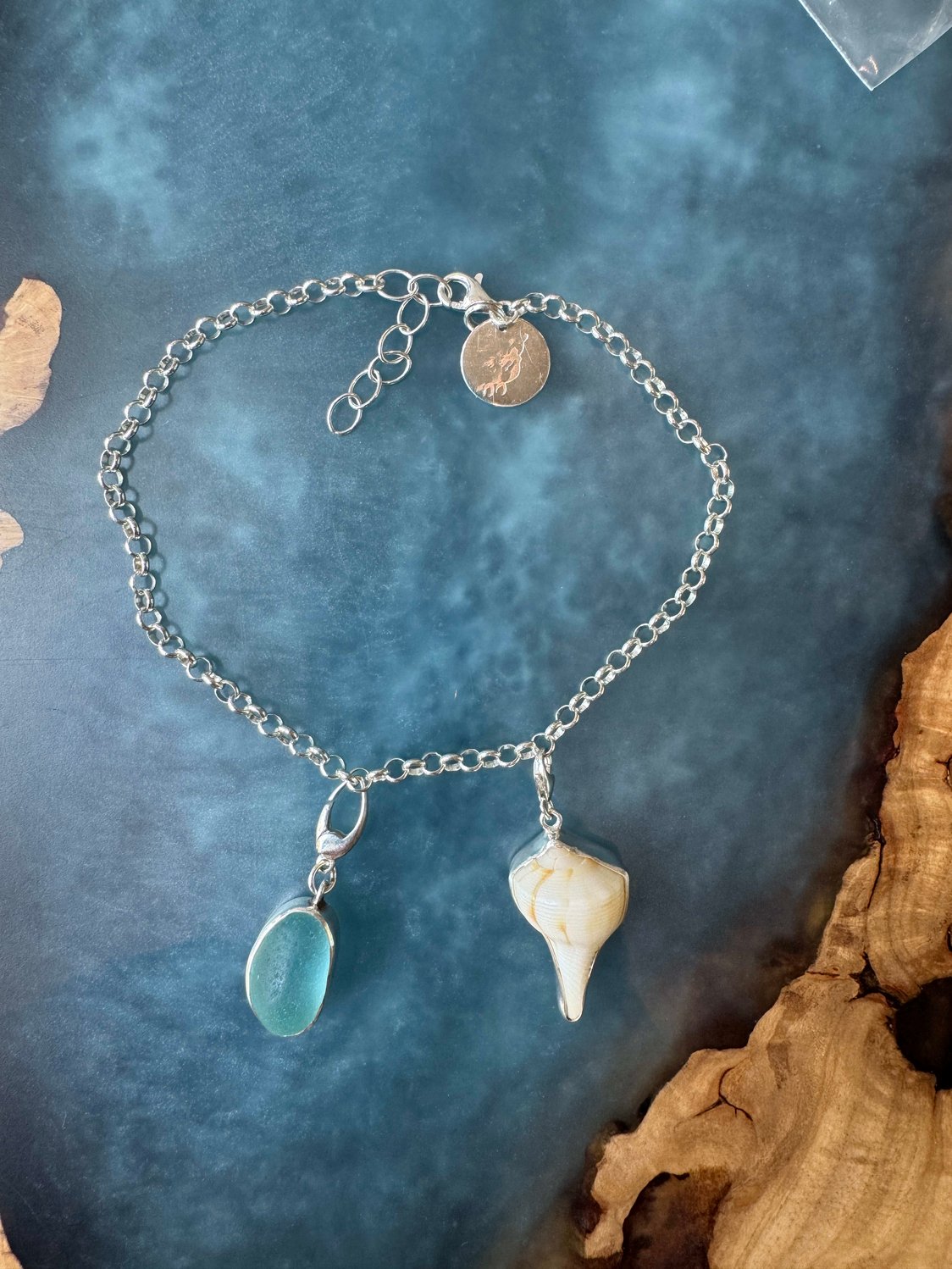 Aquamarine blue sea glass & white mini Whelk shell anklet – sterling silver