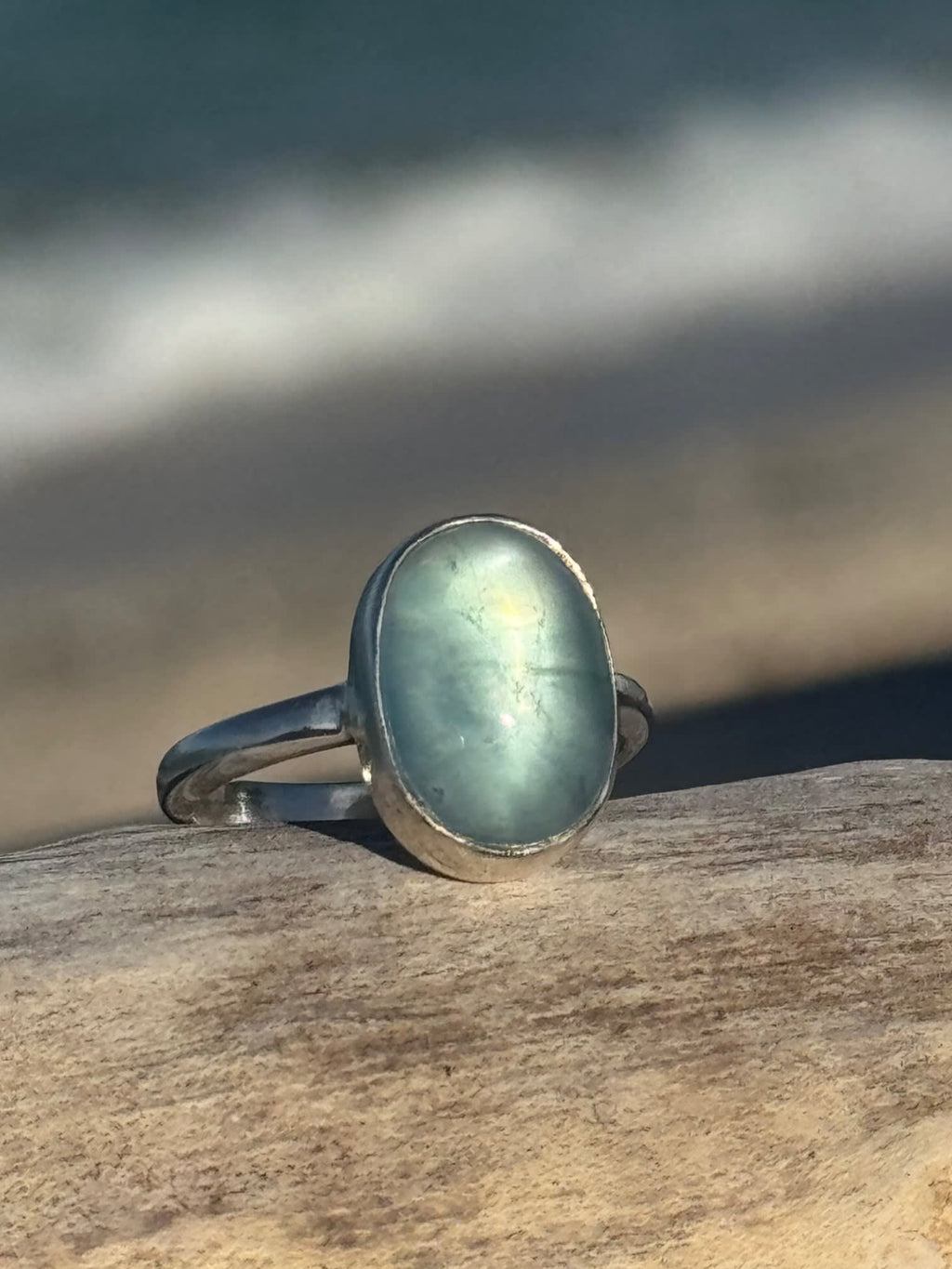 Aquamarine gemstone ring with bead detail – fine and sterling silver, size 8, artisan jewelry