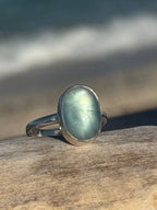 Aquamarine gemstone ring with bead detail – fine and sterling silver, size 8, artisan jewelry