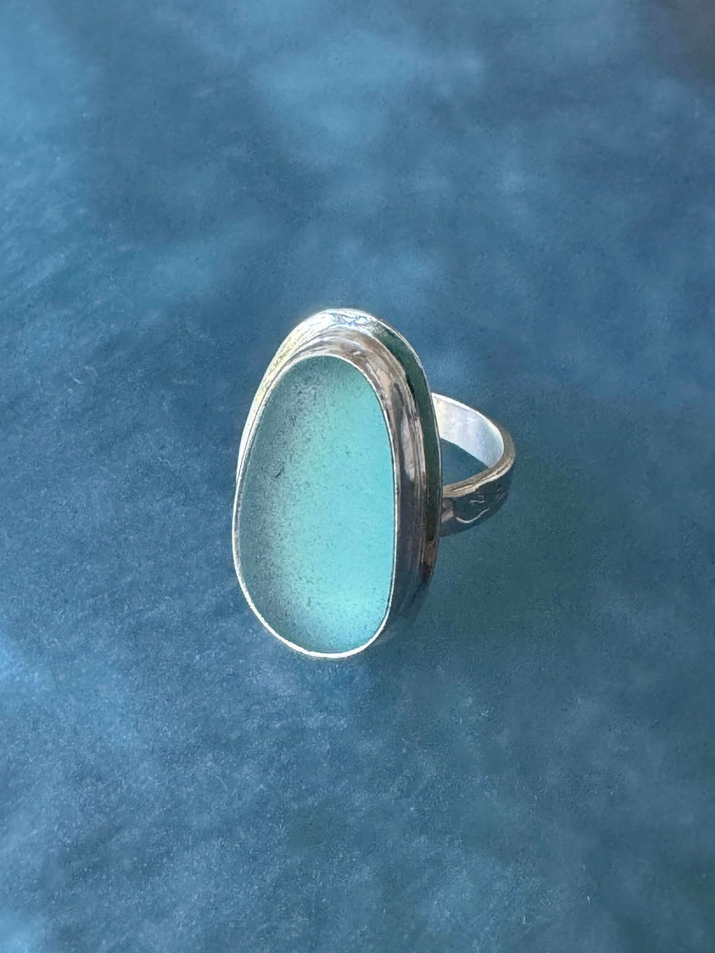 Aquamarine sea glass ring – size 7.25 sterling silver artisan jewelry from Japan fishnet float glass