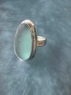 Aquamarine sea glass ring – size 7.25 sterling silver artisan jewelry from Japan fishnet float glass