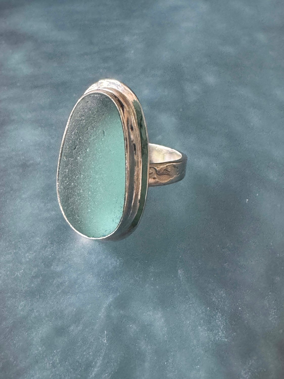 Aquamarine sea glass ring – size 7.25 sterling silver artisan jewelry from Japan fishnet float glass