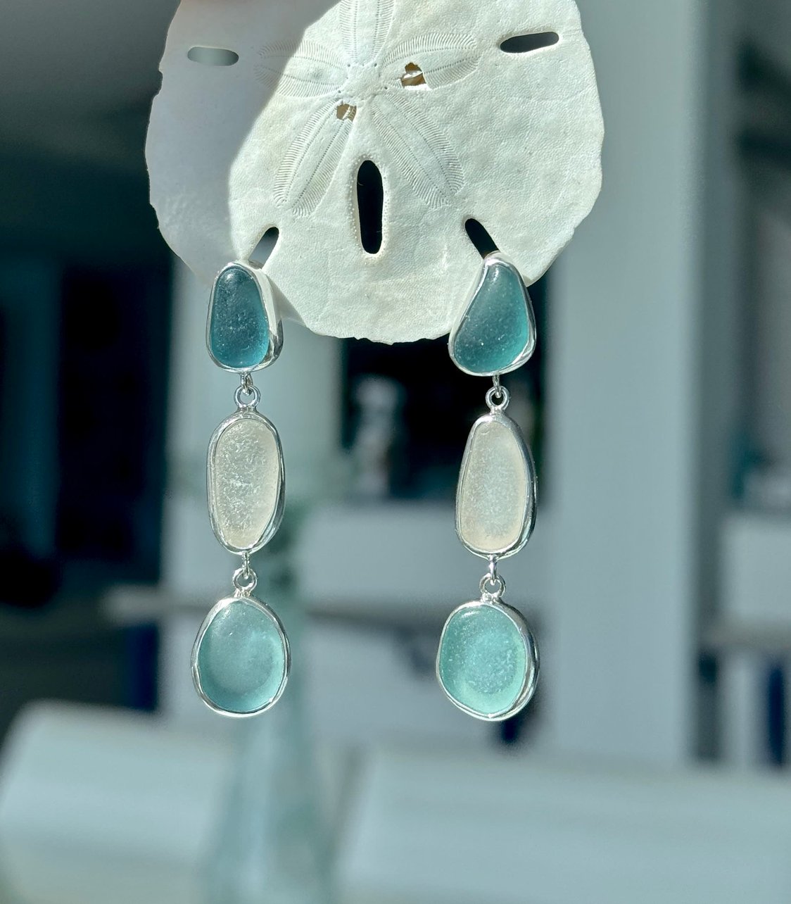 Aquamarine and white Japanese sea glass earrings – boho artisan coastal jewelry