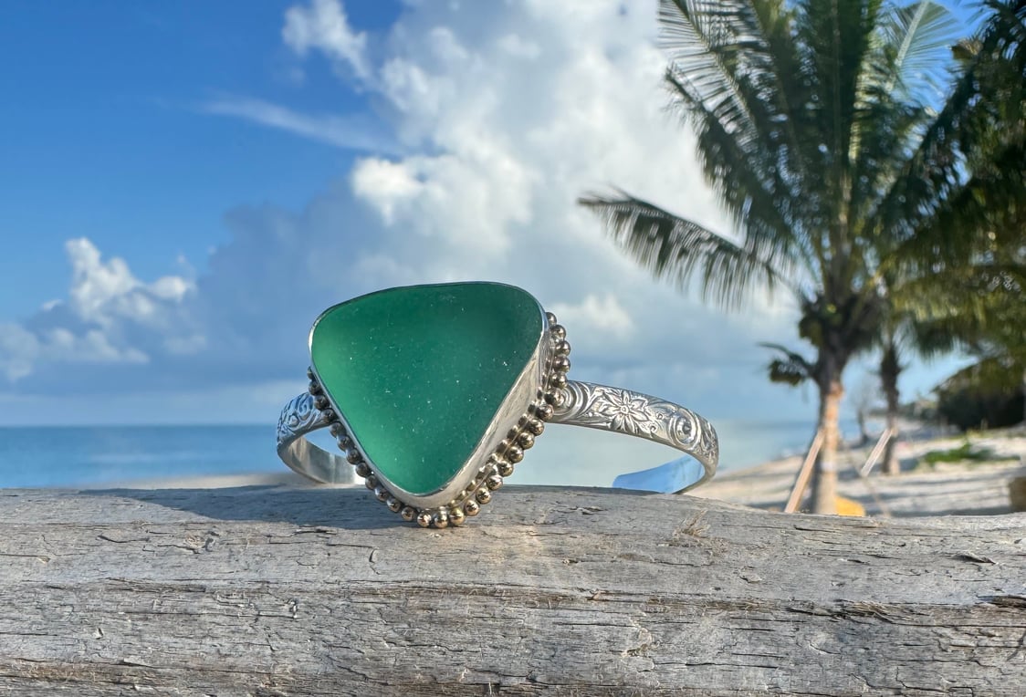 Bahamas green sea glass cuff bracelet – sterling silver and gold detail, ocean-tumbled jewelry