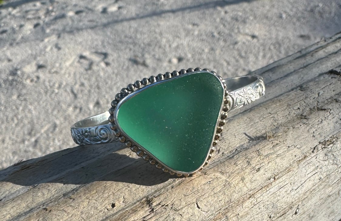 Bahamas green sea glass cuff bracelet – sterling silver and gold detail, ocean-tumbled jewelry