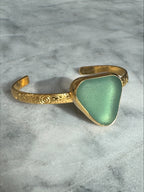 Blue-green sea glass decorative cuff bracelet – gold vermeil, handcrafted ocean-inspired jewelry