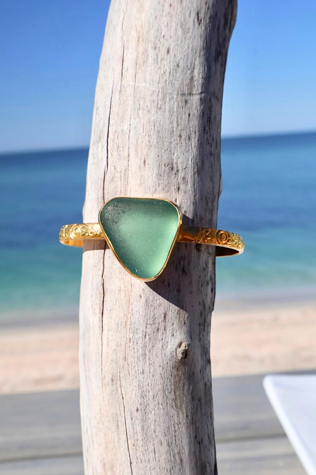 Blue-green sea glass decorative cuff bracelet – gold vermeil, handcrafted ocean-inspired jewelry