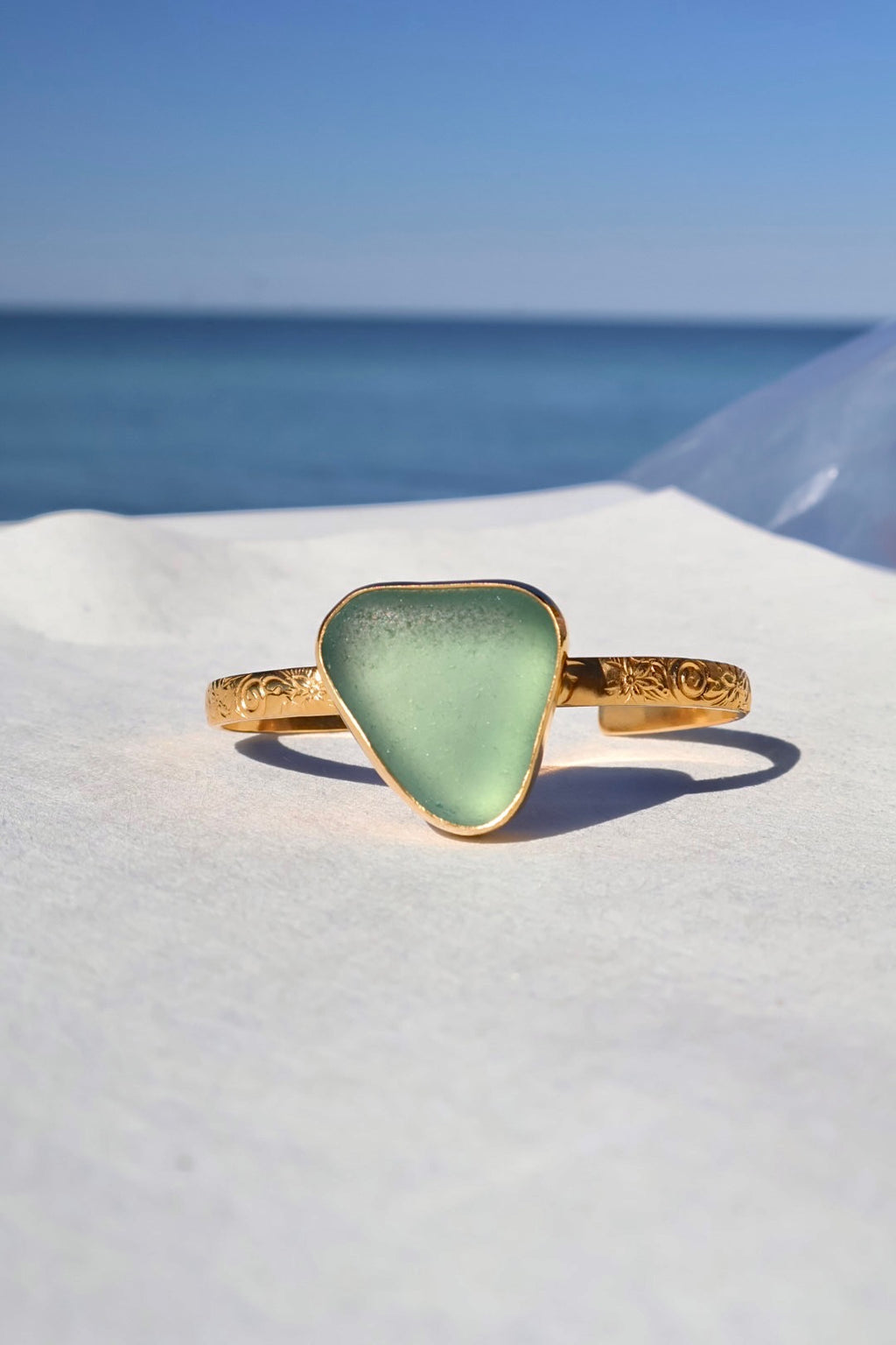 Blue-green sea glass decorative cuff bracelet – gold vermeil, handcrafted ocean-inspired jewelry