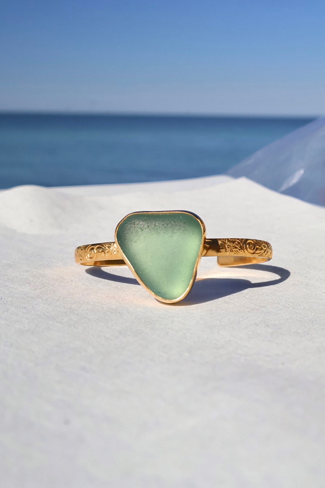 Blue-green sea glass decorative cuff bracelet – gold vermeil, handcrafted ocean-inspired jewelry