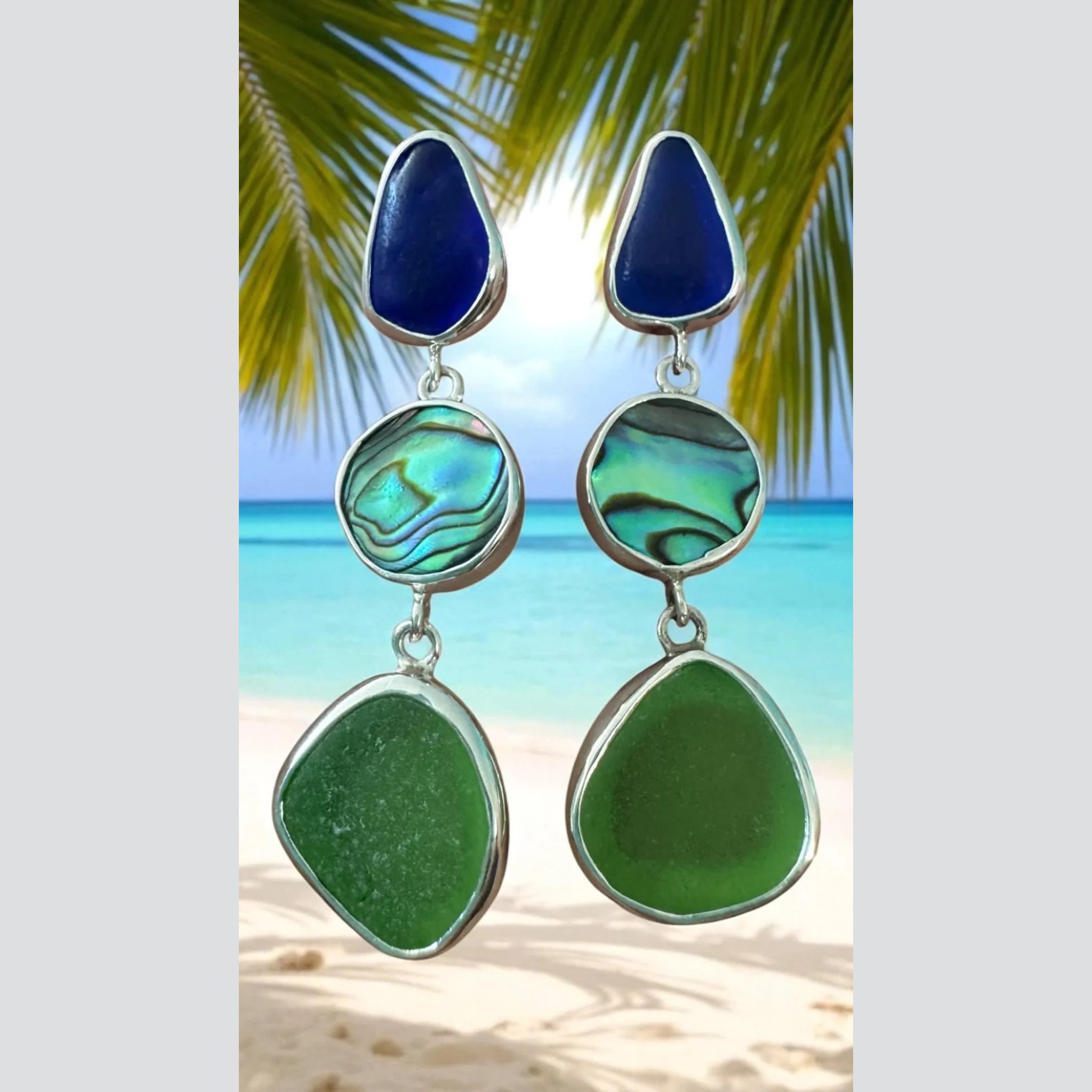 Blue and green sea glass with abalone shell earrings – artisan tropical jewelry