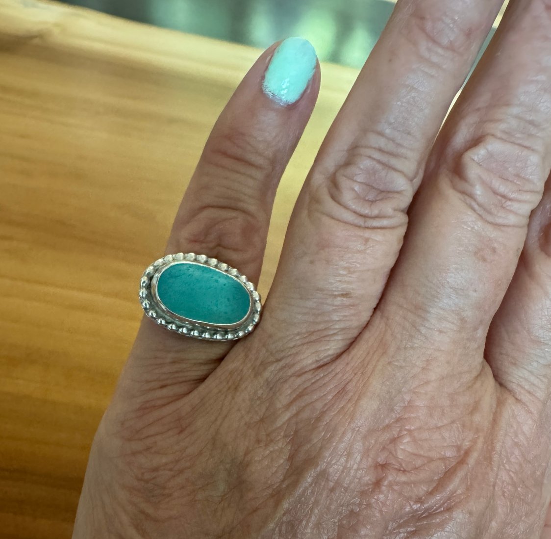 Blue sea glass sideways ring – petite size 5.5 artisan sterling silver coastal jewelry