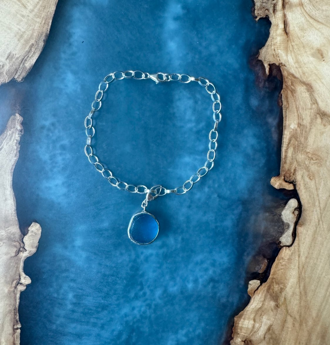 Blue sea glass chunk anklet from northeast England – sterling silver