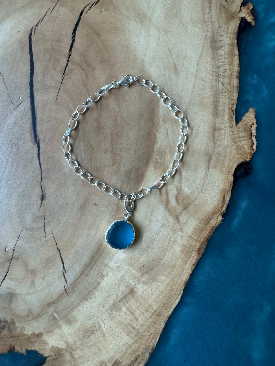 Blue sea glass chunk anklet from northeast England – sterling silver
