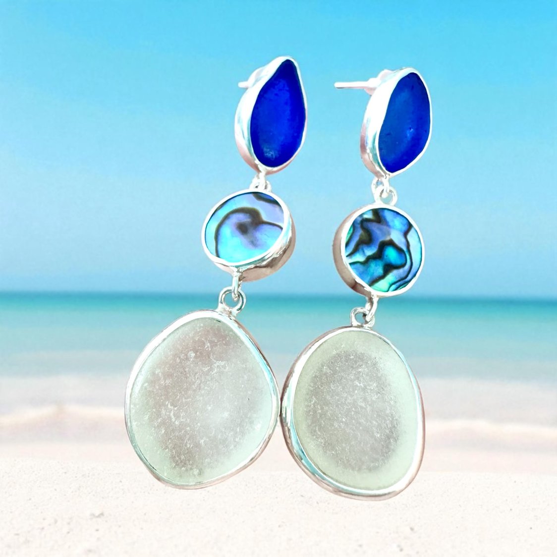 Blue and white sea glass with abalone shell earrings – artisan coastal jewelry