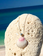 Sterling silver–wrapped sea shell pendant from Casey Key, Florida, displayed on an 18-inch sterling silver chain.