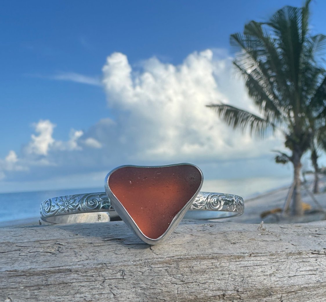 Deep peach sea glass cuff bracelet – sterling silver decorative cuff, ocean-tumbled jewelry