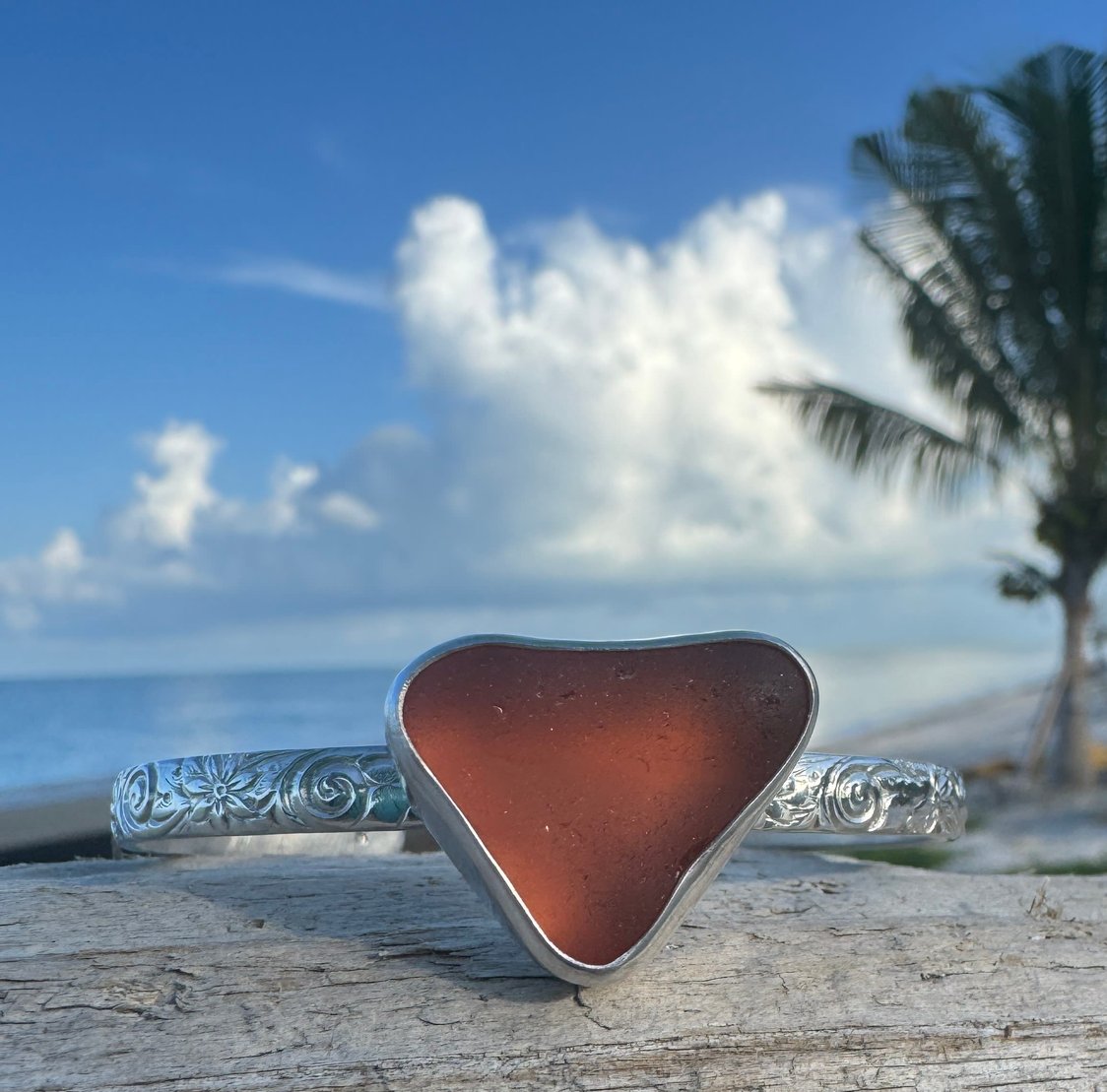 Deep peach sea glass cuff bracelet – sterling silver decorative cuff, ocean-tumbled jewelry