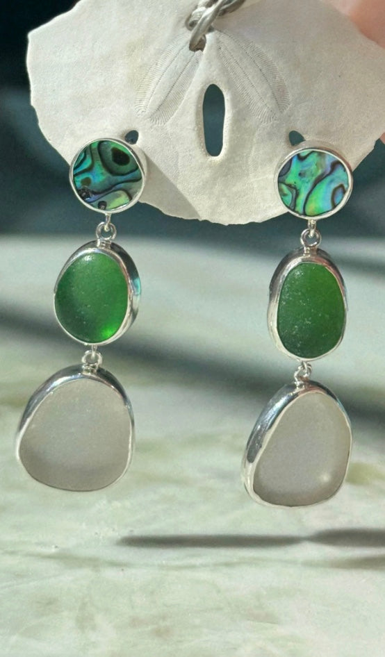 Emerald green sea glass and abalone shell earrings – artisan ocean-inspired jewelry