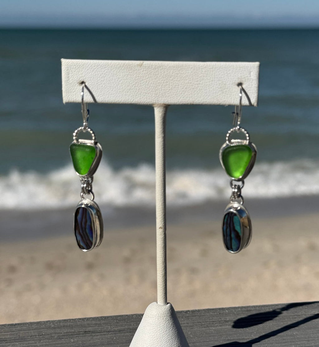 Emerald green sea glass and abalone shell earrings in sterling silver – ocean-inspired handmade jewelry