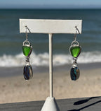 Emerald green sea glass and abalone shell earrings in sterling silver – ocean-inspired handmade jewelry