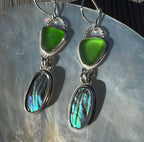 Emerald green sea glass and abalone shell earrings in sterling silver – ocean-inspired handmade jewelry