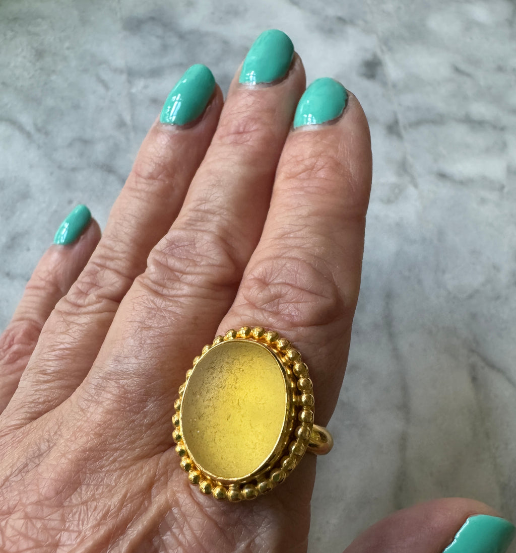 Golden yellow sea glass gold vermeil ring – rare collector-quality sea glass, handcrafted jewelry