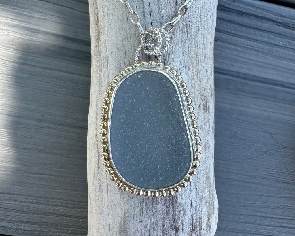 Gray sea glass pendant – mixed metals, sterling silver, 16-inch rolo chain, ocean-inspired jewelry