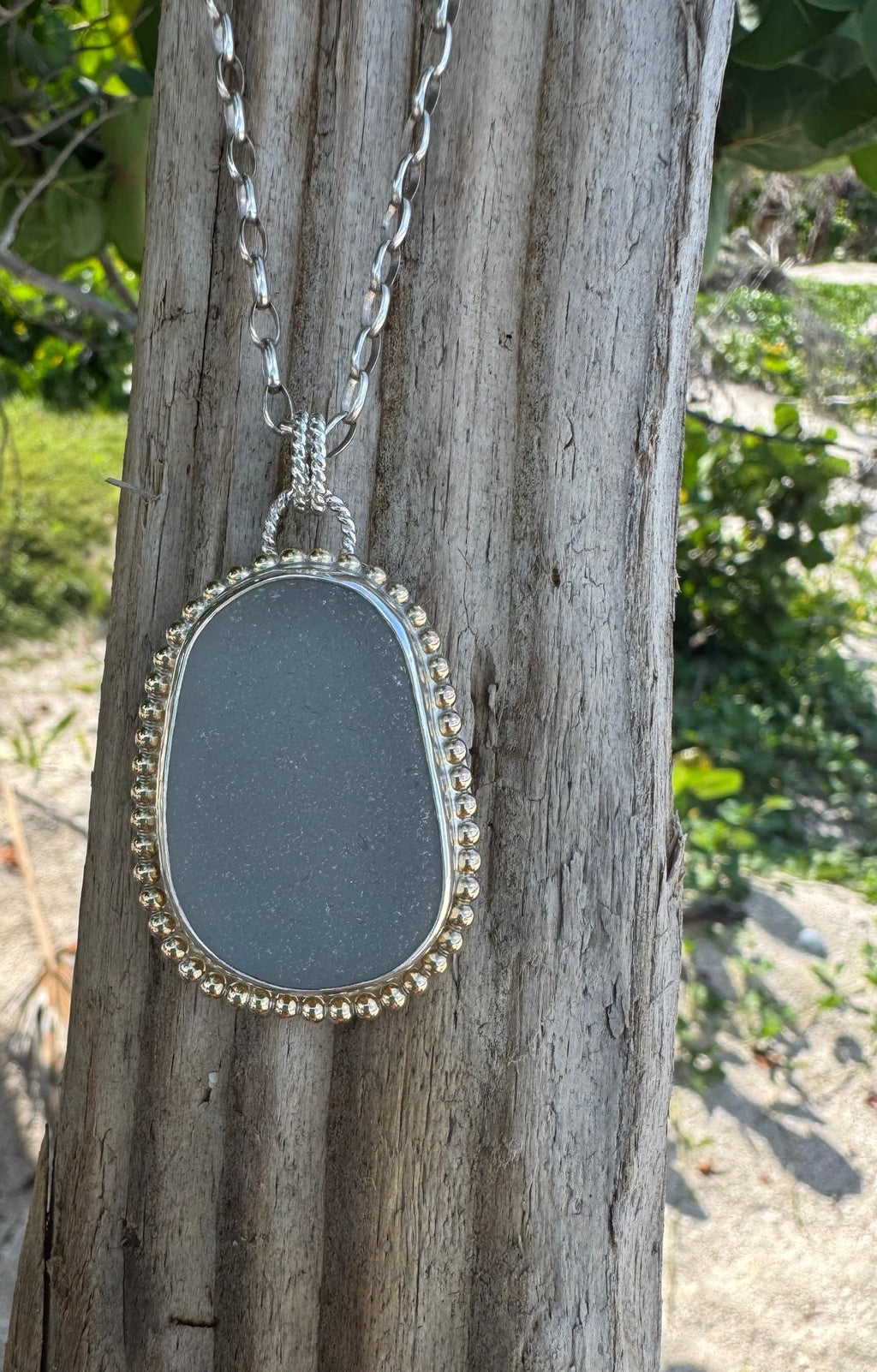 Gray sea glass pendant – mixed metals, sterling silver, 16-inch rolo chain, ocean-inspired jewelry